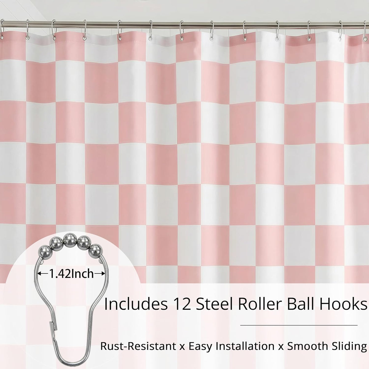 Pink and White Checkered Shower Curtain, Water Proof, Quick Dry, 12 Metal Roller Ball Hooks Included, Machine Washable, Modern Bathroom Decor (Pink and White, W72×L72)