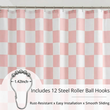 Pink and White Checkered Shower Curtain, Water Proof, Quick Dry, 12 Metal Roller Ball Hooks Included, Machine Washable, Modern Bathroom Decor (Pink and White, W72×L72)