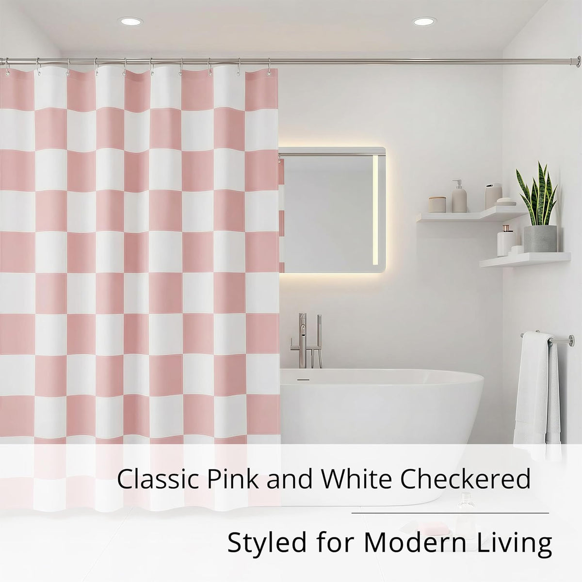 Pink and White Checkered Shower Curtain, Water Proof, Quick Dry, 12 Metal Roller Ball Hooks Included, Machine Washable, Modern Bathroom Decor (Pink and White, W72×L72)