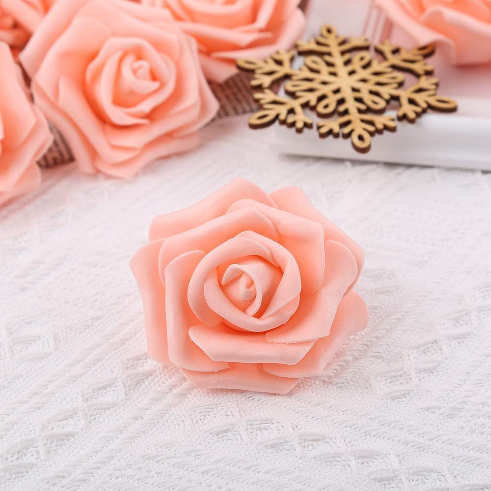 Artificial Rose Flowers,100 pcs Foam Rose Flowers Bulk Peach Fake Flower Heads for DIY Crafts Wedding Bouquets Rose Wall Kissing Balls Bridal Shower Party Decorations(Peach)