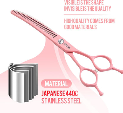 Curved Chunkers Dog Grooming Scissors 7" Macarone Series Professional Pet Grooming Shears for Dogs Pets Japan 440C Stainless Steel Sharp & Durable(Pink, 27Teeth Curved Thinners)