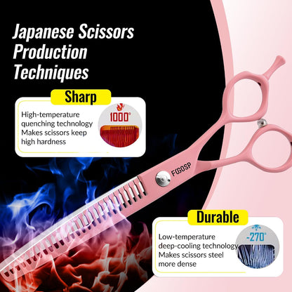 Curved Chunkers Dog Grooming Scissors 7" Macarone Series Professional Pet Grooming Shears for Dogs Pets Japan 440C Stainless Steel Sharp & Durable(Pink, 27Teeth Curved Thinners)