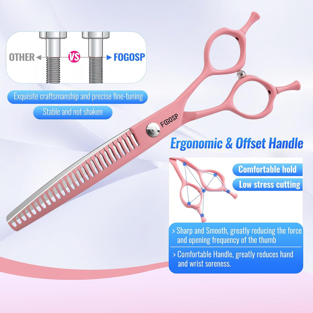 Curved Chunkers Dog Grooming Scissors 7" Macarone Series Professional Pet Grooming Shears for Dogs Pets Japan 440C Stainless Steel Sharp & Durable(Pink, 27Teeth Curved Thinners)