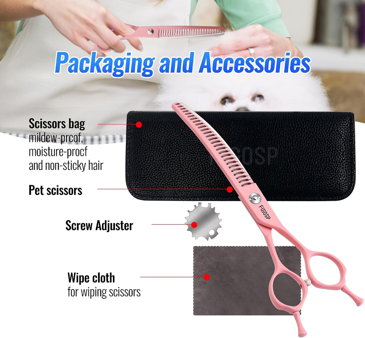 Curved Chunkers Dog Grooming Scissors 7" Macarone Series Professional Pet Grooming Shears for Dogs Pets Japan 440C Stainless Steel Sharp & Durable(Pink, 27Teeth Curved Thinners)