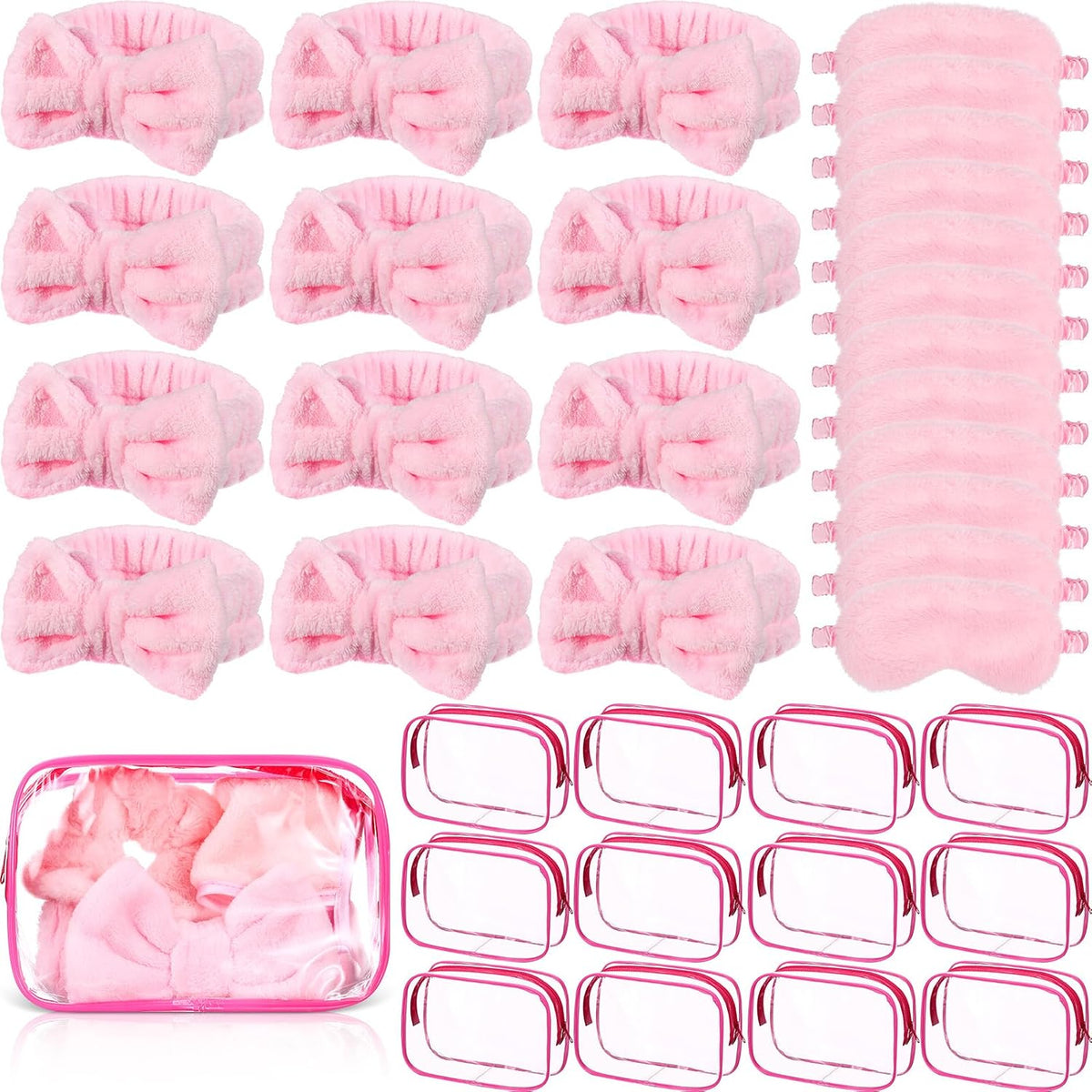 36 Pcs Sleepover Party Supplies 12 Spa Headband 12 Plush Sleep Eye Mask 12 Clear Cosmetic Bags Makeup Headband for Washing for Adult Spa Party Favor Graduation Beauty Gift(Pink)