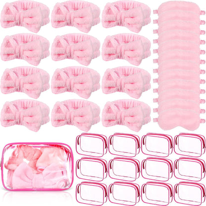 36 Pcs Sleepover Party Supplies 12 Spa Headband 12 Plush Sleep Eye Mask 12 Clear Cosmetic Bags Makeup Headband for Washing for Adult Spa Party Favor Graduation Beauty Gift(Pink)