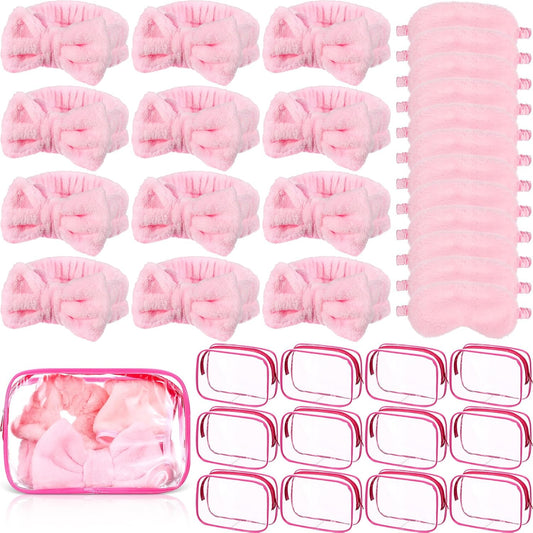 36 Pcs Sleepover Party Supplies 12 Spa Headband 12 Plush Sleep Eye Mask 12 Clear Cosmetic Bags Makeup Headband for Washing for Adult Spa Party Favor Graduation Beauty Gift(Pink)