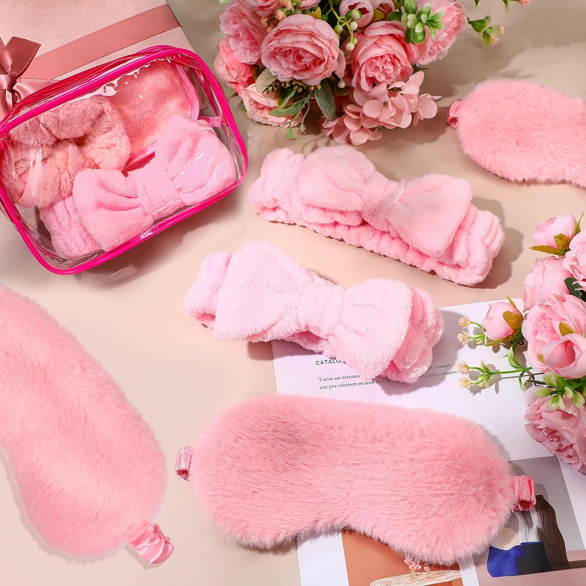 36 Pcs Sleepover Party Supplies 12 Spa Headband 12 Plush Sleep Eye Mask 12 Clear Cosmetic Bags Makeup Headband for Washing for Adult Spa Party Favor Graduation Beauty Gift(Pink)