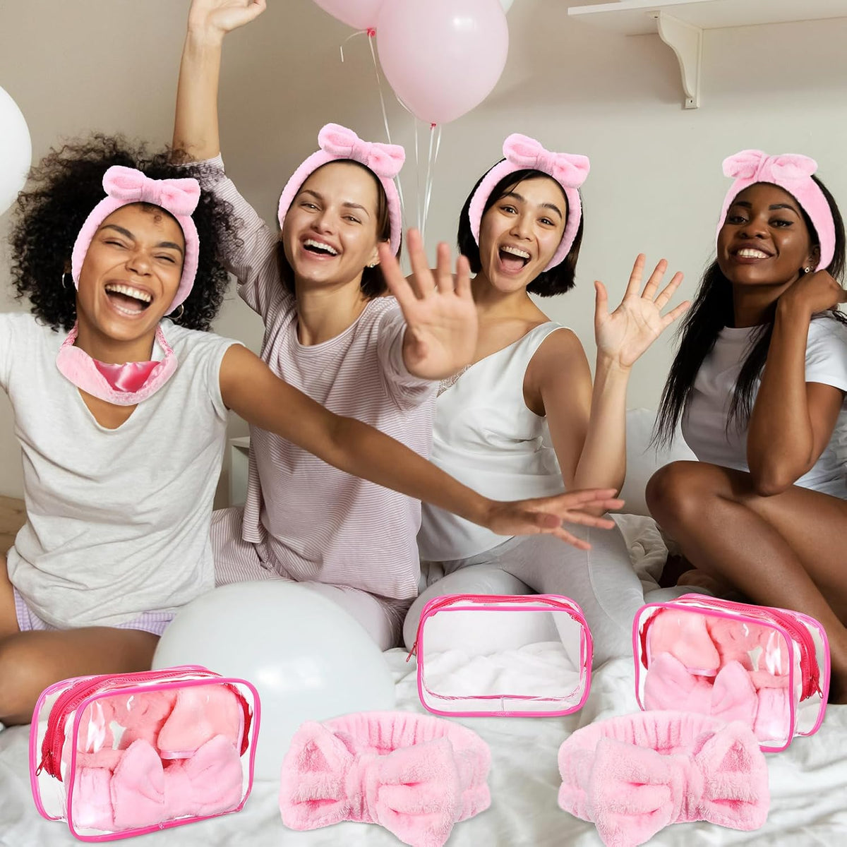 36 Pcs Sleepover Party Supplies 12 Spa Headband 12 Plush Sleep Eye Mask 12 Clear Cosmetic Bags Makeup Headband for Washing for Adult Spa Party Favor Graduation Beauty Gift(Pink)