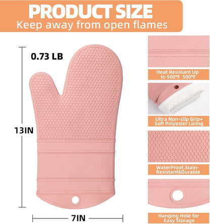 Silicone Oven Mitts Kitchen Potholder Set - Perfect for Baking and Cooking,Pink,2 Pcs Set