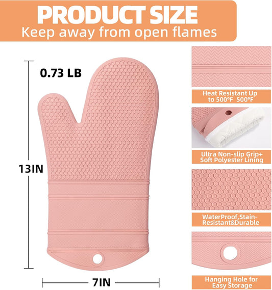 Silicone Oven Mitts Kitchen Potholder Set - Perfect for Baking and Cooking,Pink,2 Pcs Set