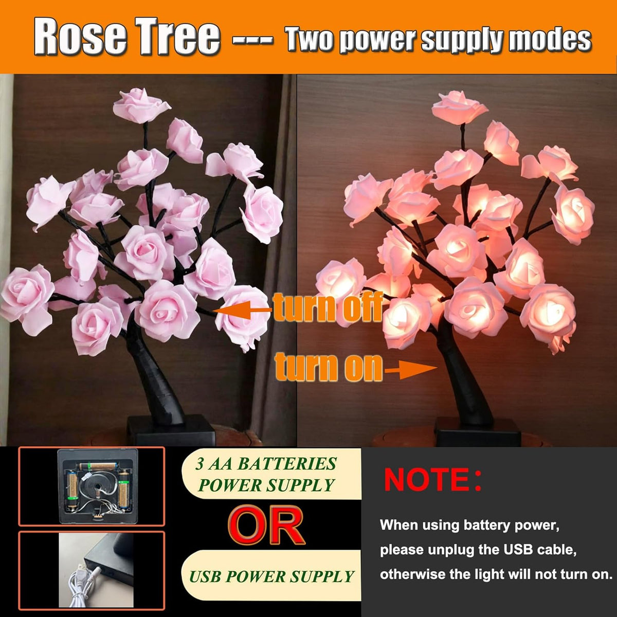 24 LED Pink Rose Tree Light, Artificial Bonsai Flower Table Lamp, USB Battery Powered Romantic Night Light for Bedroom Living Room Party Wedding, Valentine's Day Mother's Day for Her
