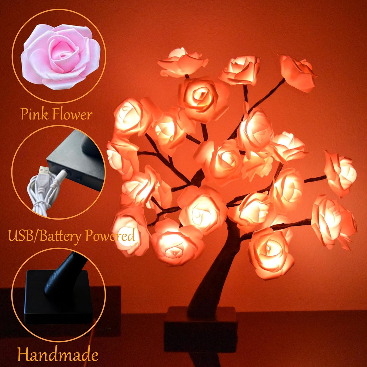 24 LED Pink Rose Tree Light, Artificial Bonsai Flower Table Lamp, USB Battery Powered Romantic Night Light for Bedroom Living Room Party Wedding, Valentine's Day Mother's Day for Her