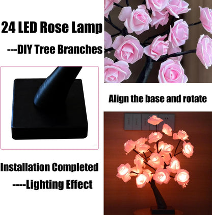 24 LED Pink Rose Tree Light, Artificial Bonsai Flower Table Lamp, USB Battery Powered Romantic Night Light for Bedroom Living Room Party Wedding, Valentine's Day Mother's Day for Her