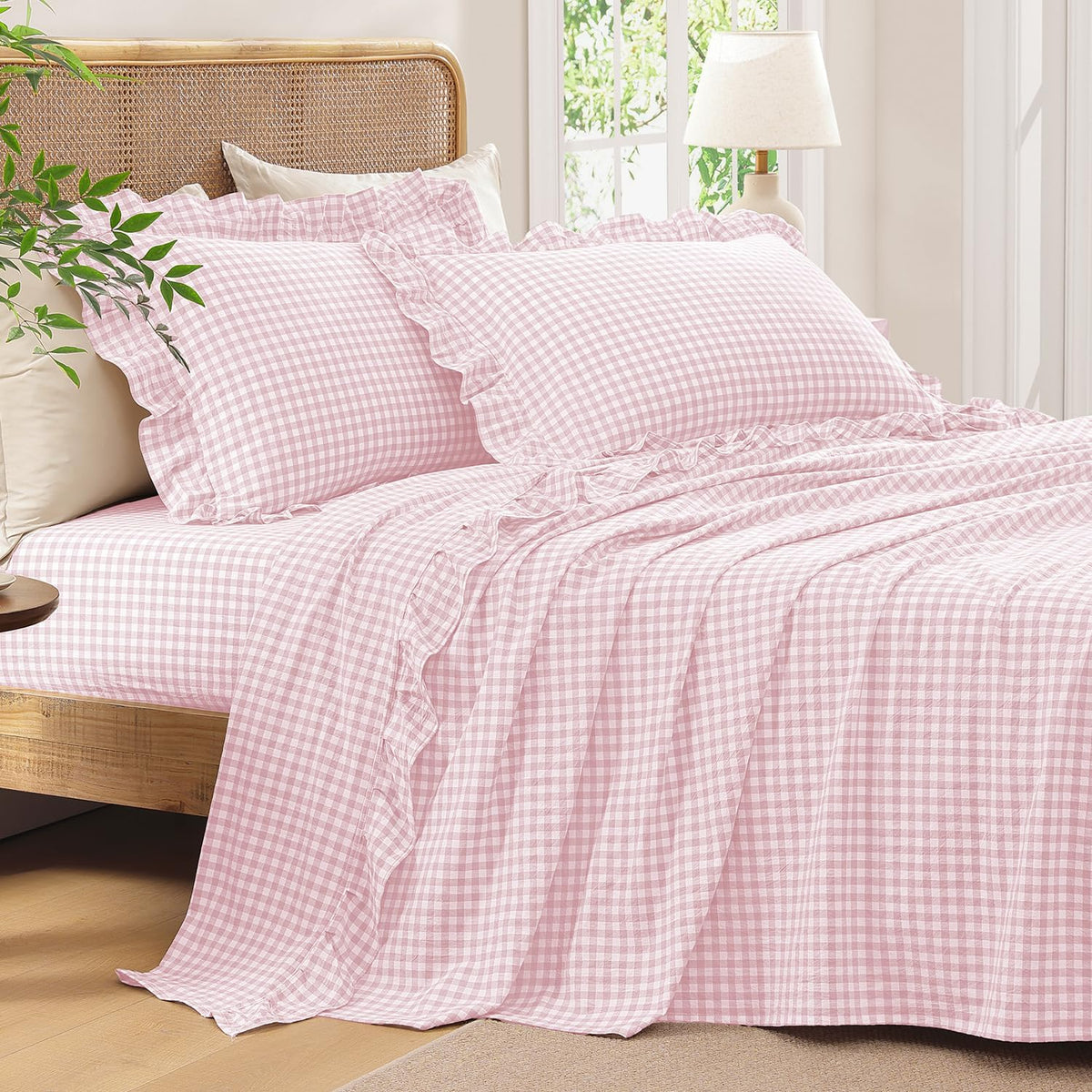 Pink Queen Size Washed Cotton Gingham Soft Breathable Sheets Set