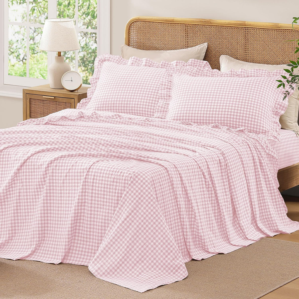Pink Queen Size Washed Cotton Gingham Soft Breathable Sheets Set