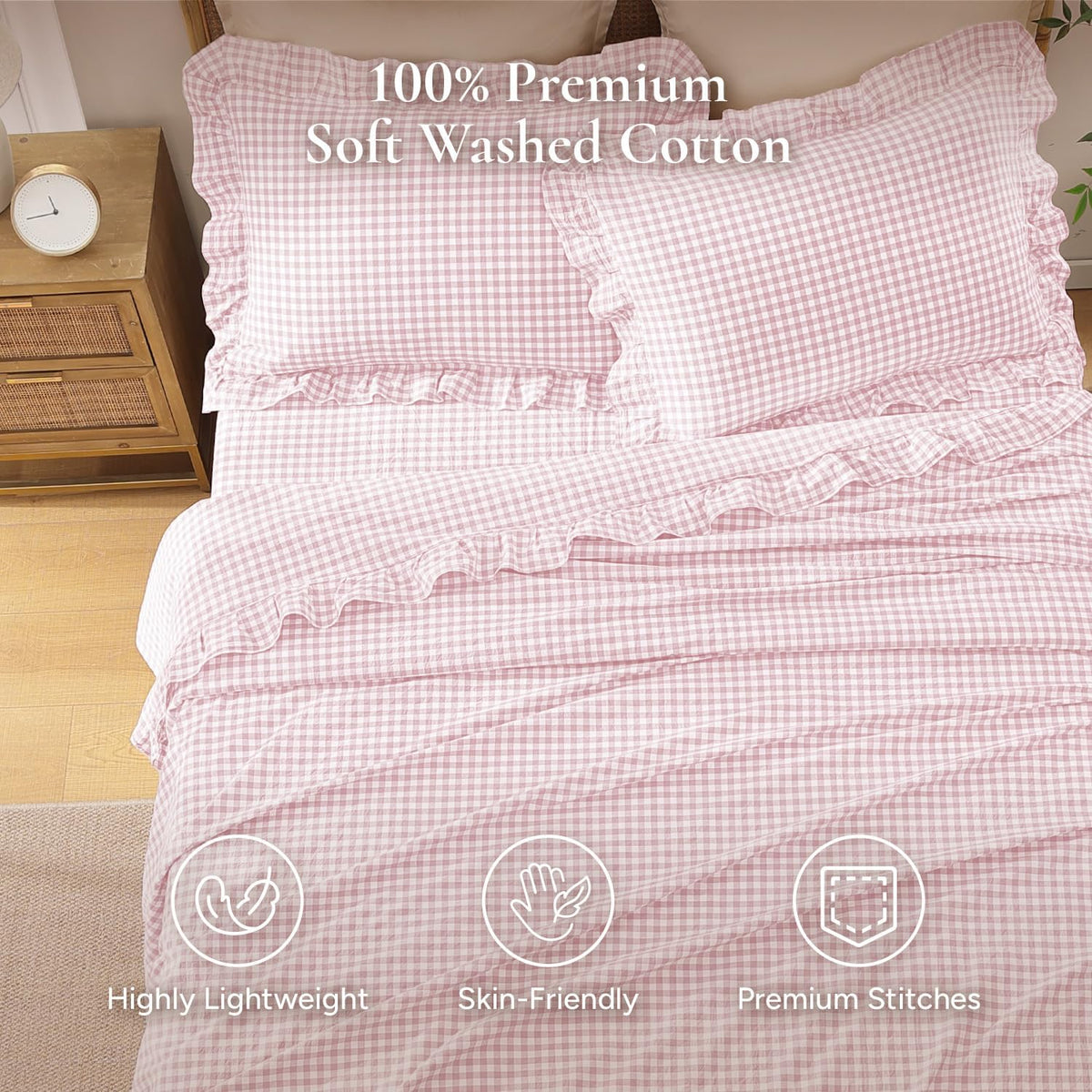 Pink Queen Size Washed Cotton Gingham Soft Breathable Sheets Set