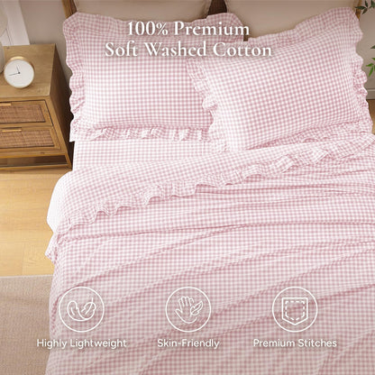Pink Queen Size Washed Cotton Gingham Soft Breathable Sheets Set