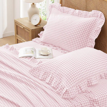 Pink Queen Size Washed Cotton Gingham Soft Breathable Sheets Set