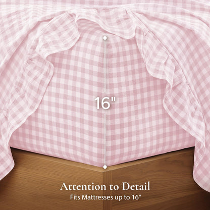 Pink Queen Size Washed Cotton Gingham Soft Breathable Sheets Set