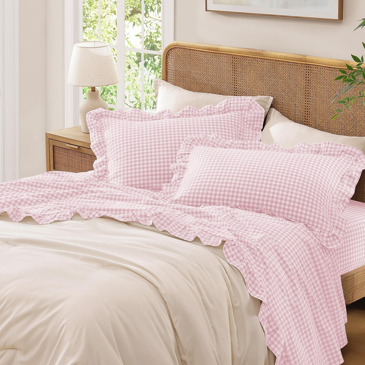 Pink Queen Size Washed Cotton Gingham Soft Breathable Sheets Set