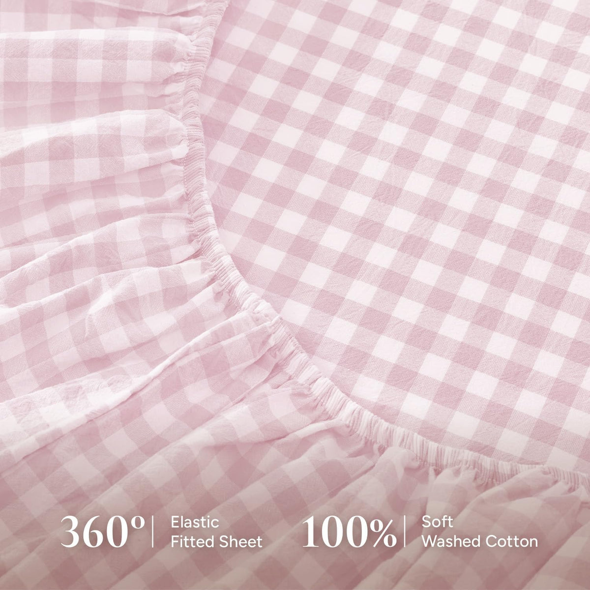 Pink Queen Size Washed Cotton Gingham Soft Breathable Sheets Set
