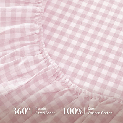Pink Queen Size Washed Cotton Gingham Soft Breathable Sheets Set