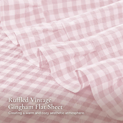 Pink Queen Size Washed Cotton Gingham Soft Breathable Sheets Set