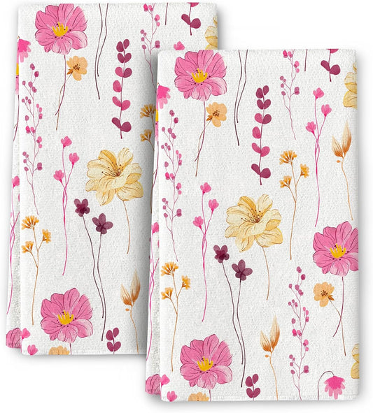 Watercolor Floral Kitchen Towels Decorative Set of 2, Pink Flower Dish Towel Hand Towels for Kitchen Decor, Absorbent Drying Dish Cloth, Summer Tea Towel 16x24 inch
