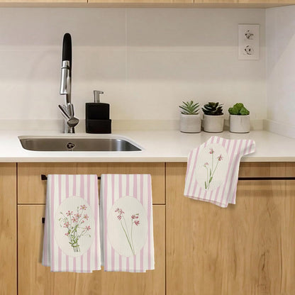 Pink Striped Floral Kitchen Towels, Girly Bathroom Decor, Pastel Pink Flower Wildflower Bouquet Decorative Dish Tea Towels for Kitchen Bathroom, 16x24 Inch Set of 3