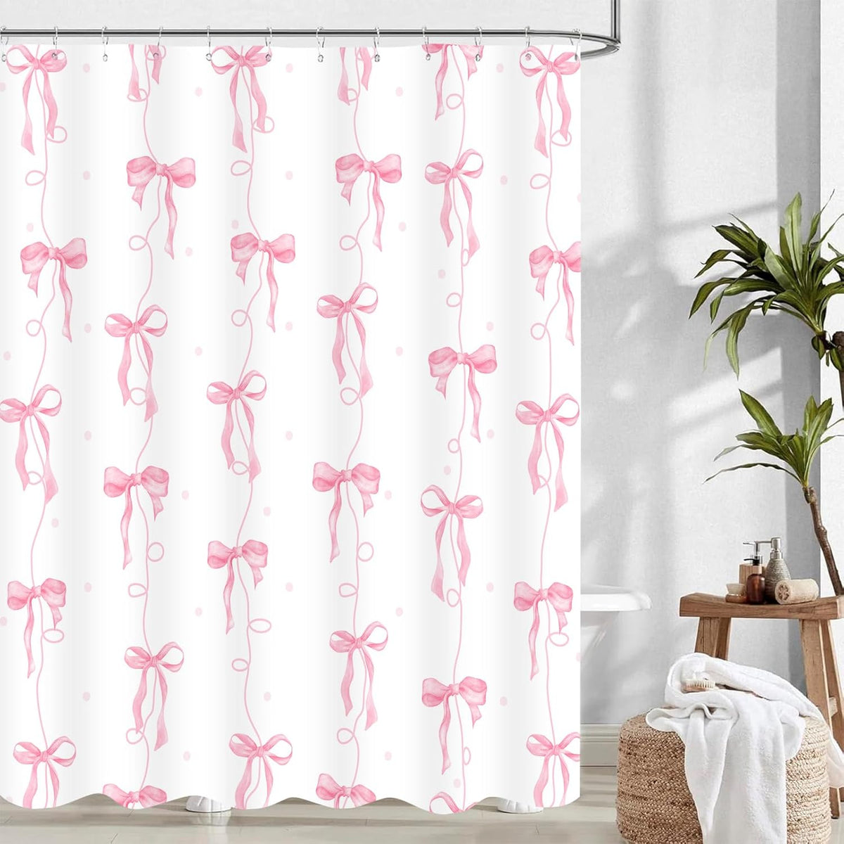 Pink Bow Shower Curtain for Bathroom Decor, Teen Girls Theme, 72x72In