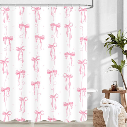 Pink Bow Shower Curtain for Bathroom Decor, Teen Girls Theme, 72x72In