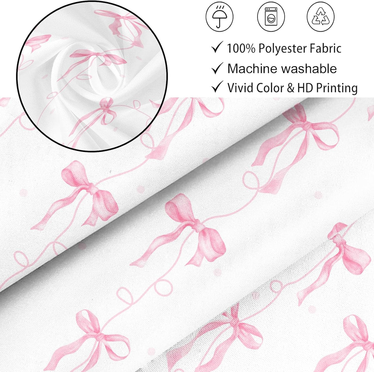 Pink Bow Shower Curtain for Bathroom Decor, Teen Girls Theme, 72x72In