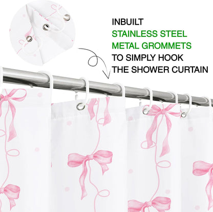 Pink Bow Shower Curtain for Bathroom Decor, Teen Girls Theme, 72x72In