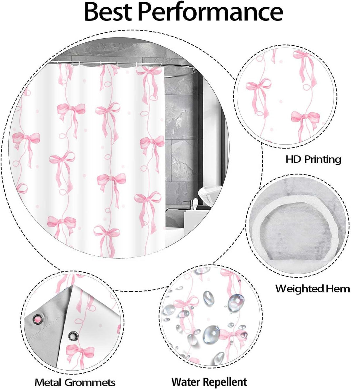 Pink Bow Shower Curtain for Bathroom Decor, Teen Girls Theme, 72x72In