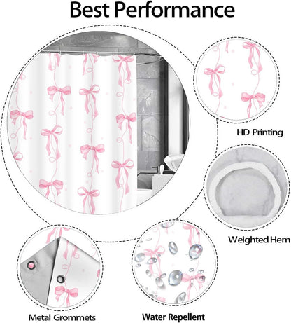 Pink Bow Shower Curtain for Bathroom Decor, Teen Girls Theme, 72x72In