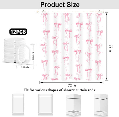 Pink Bow Shower Curtain for Bathroom Decor, Teen Girls Theme, 72x72In