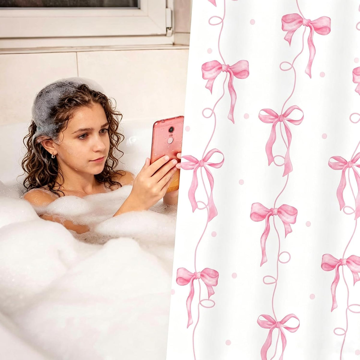 Pink Bow Shower Curtain for Bathroom Decor, Teen Girls Theme, 72x72In