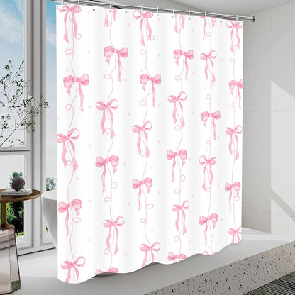 Pink Bow Shower Curtain for Bathroom Decor, Teen Girls Theme, 72x72In