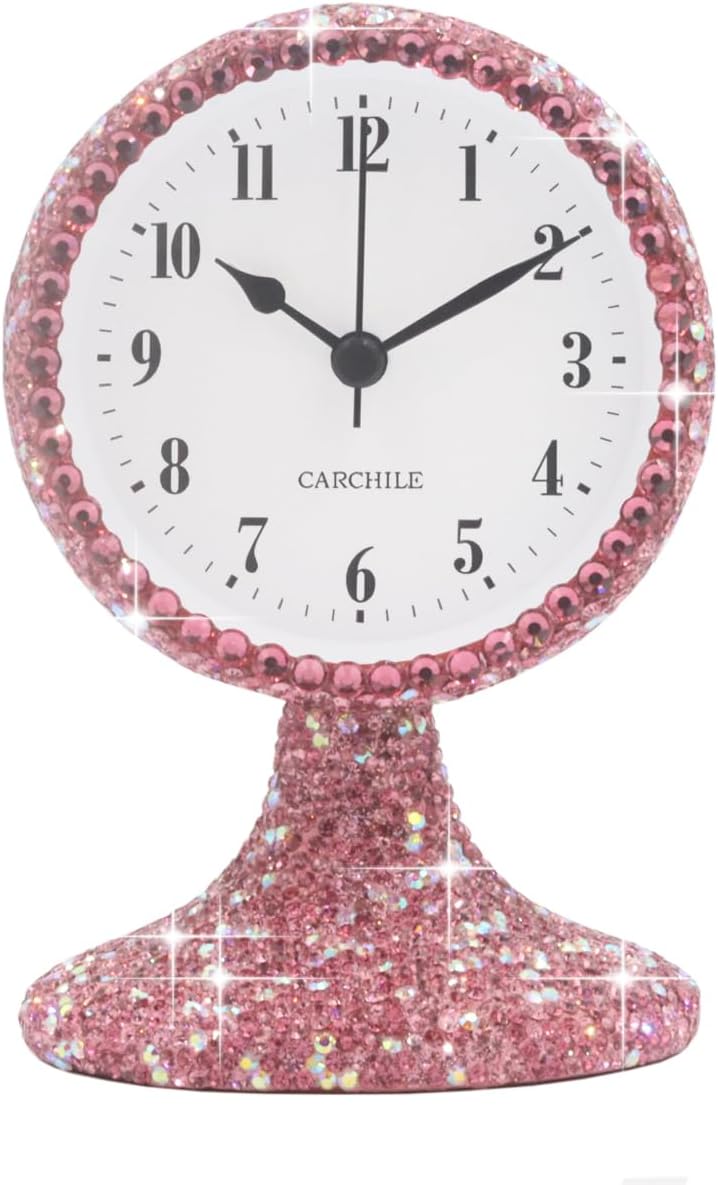 Luxury Rhinestone Small Alarm Desk Table Clock Morning Call Handmade Fashion Design for Bedroom Houseroom Living Room Cute As Gift AR (Pink)