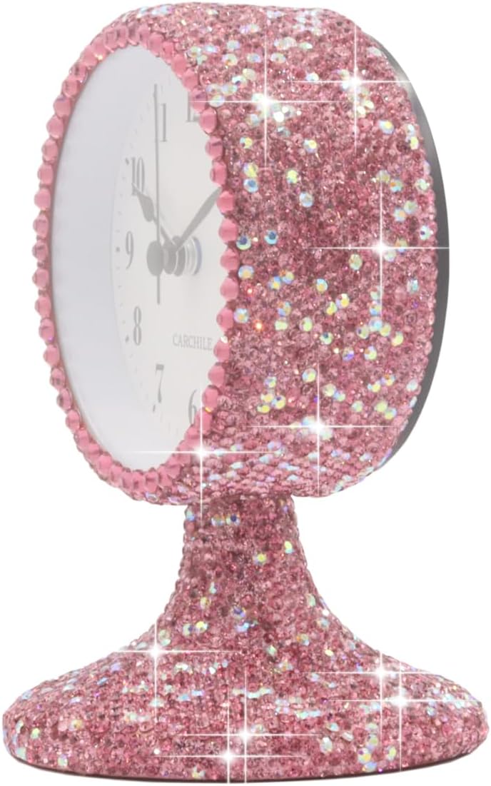 Luxury Rhinestone Small Alarm Desk Table Clock Morning Call Handmade Fashion Design for Bedroom Houseroom Living Room Cute As Gift AR (Pink)