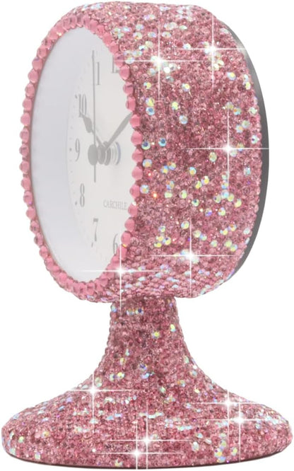 Luxury Rhinestone Small Alarm Desk Table Clock Morning Call Handmade Fashion Design for Bedroom Houseroom Living Room Cute As Gift AR (Pink)