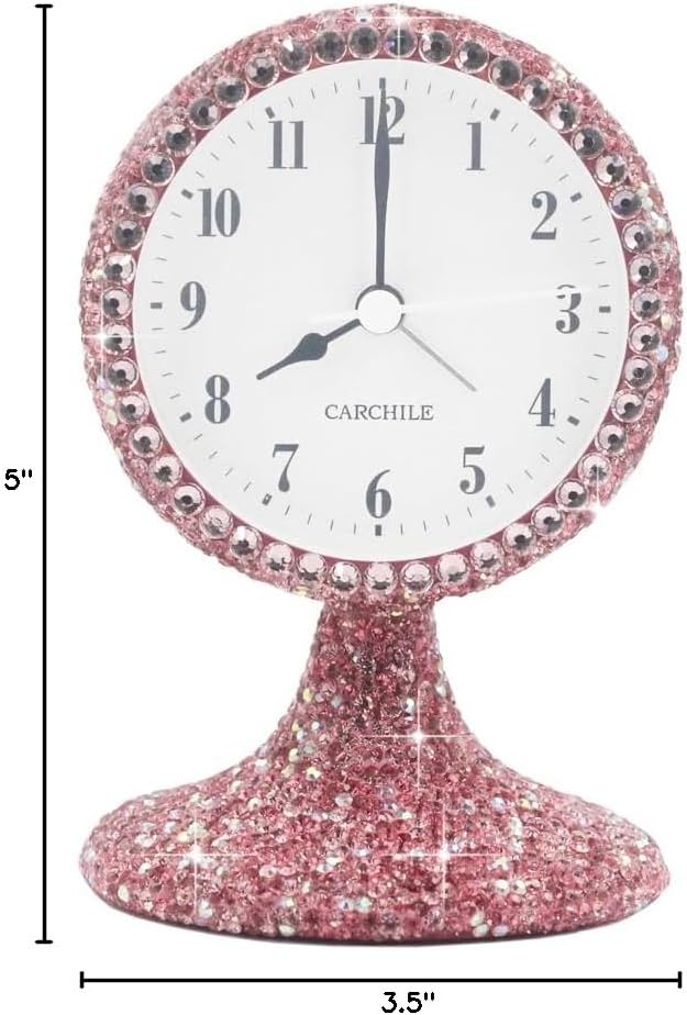 Luxury Rhinestone Small Alarm Desk Table Clock Morning Call Handmade Fashion Design for Bedroom Houseroom Living Room Cute As Gift AR (Pink)