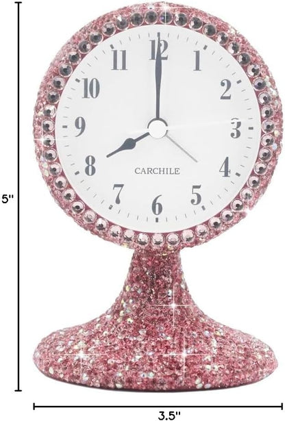Luxury Rhinestone Small Alarm Desk Table Clock Morning Call Handmade Fashion Design for Bedroom Houseroom Living Room Cute As Gift AR (Pink)