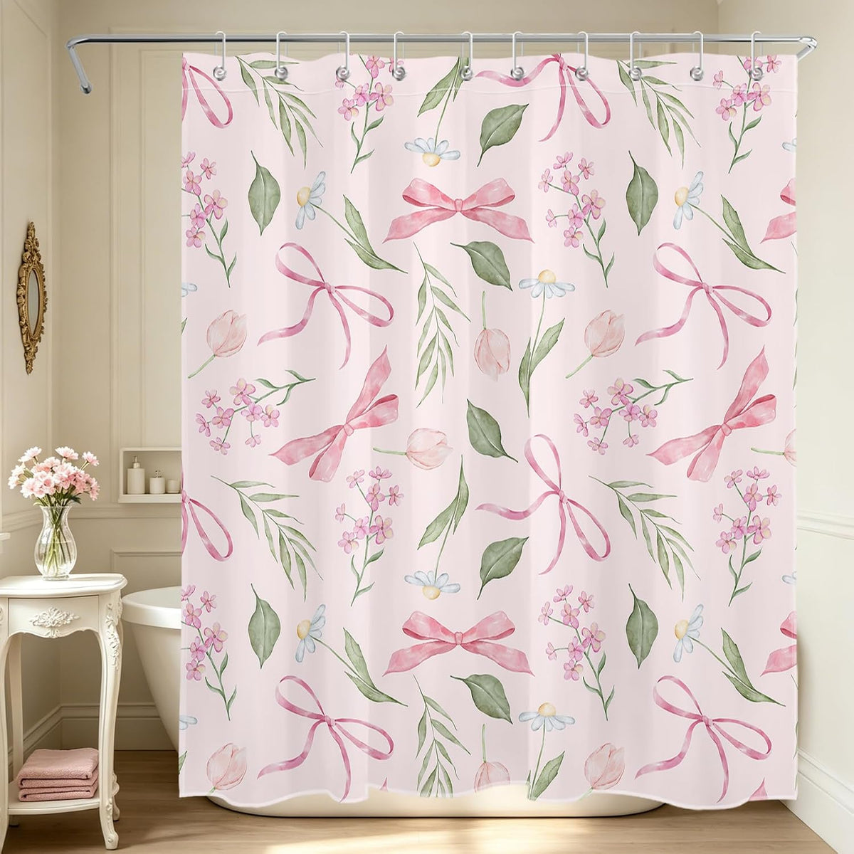 Pink Bow Floral Shower Curtain Bows with Vintage Flower Pink and Green Shower Curtain Set for Girls Bathroom Summer Wildflower Plant Cute Bathroom Shower Fabric Curtains with Hook,60x72 Inch