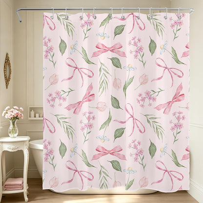 Pink Bow Floral Shower Curtain Bows with Vintage Flower Pink and Green Shower Curtain Set for Girls Bathroom Summer Wildflower Plant Cute Bathroom Shower Fabric Curtains with Hook,60x72 Inch
