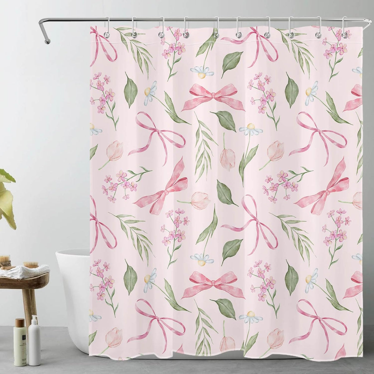 Pink Bow Floral Shower Curtain Bows with Vintage Flower Pink and Green Shower Curtain Set for Girls Bathroom Summer Wildflower Plant Cute Bathroom Shower Fabric Curtains with Hook,60x72 Inch