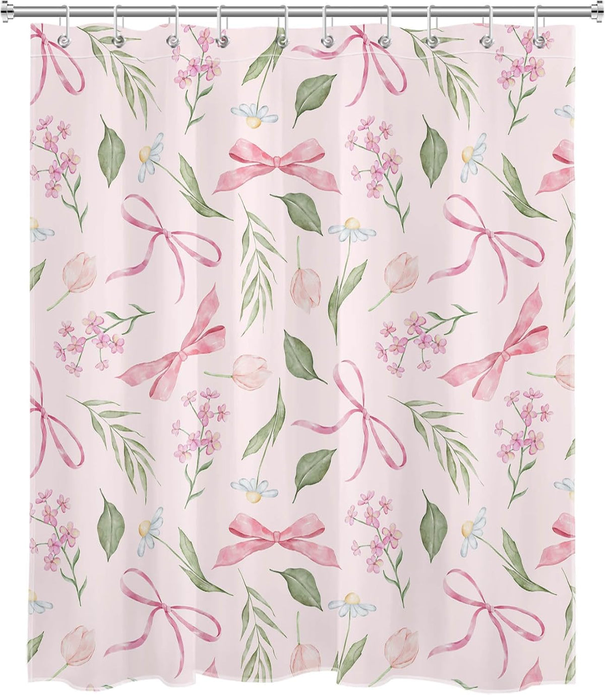 Pink Bow Floral Shower Curtain Bows with Vintage Flower Pink and Green Shower Curtain Set for Girls Bathroom Summer Wildflower Plant Cute Bathroom Shower Fabric Curtains with Hook,60x72 Inch