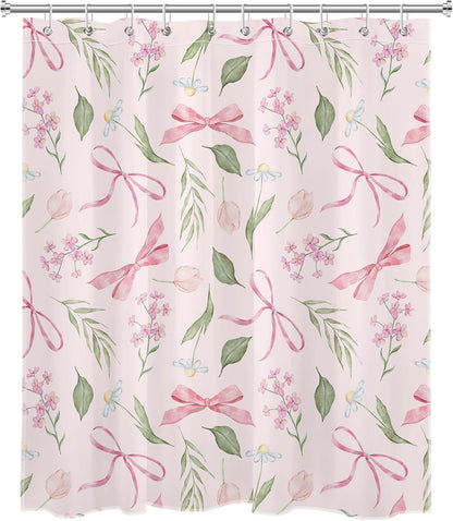 Pink Bow Floral Shower Curtain Bows with Vintage Flower Pink and Green Shower Curtain Set for Girls Bathroom Summer Wildflower Plant Cute Bathroom Shower Fabric Curtains with Hook,60x72 Inch