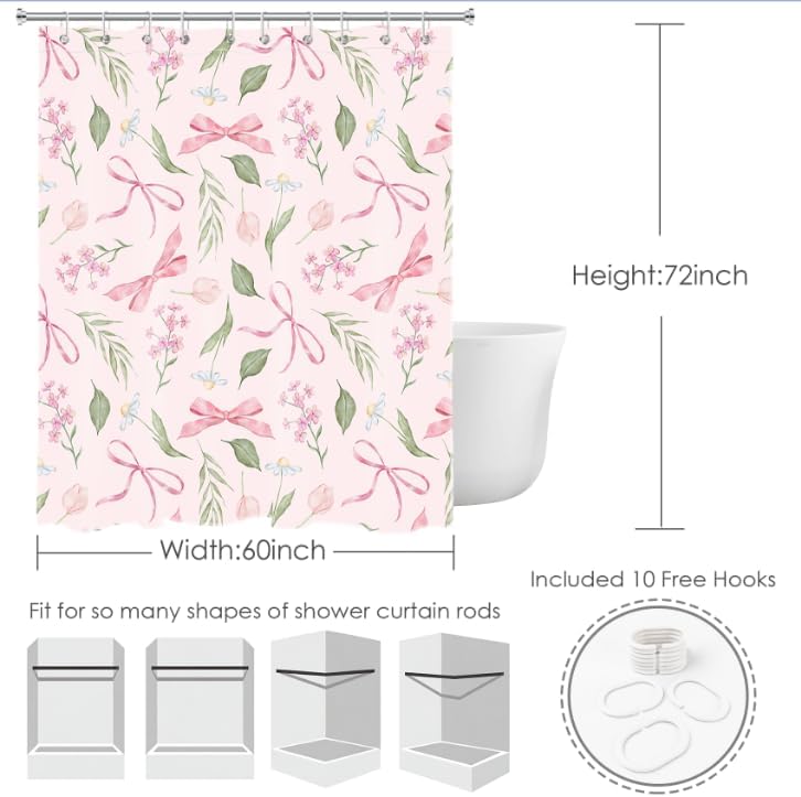 Pink Bow Floral Shower Curtain Bows with Vintage Flower Pink and Green Shower Curtain Set for Girls Bathroom Summer Wildflower Plant Cute Bathroom Shower Fabric Curtains with Hook,60x72 Inch